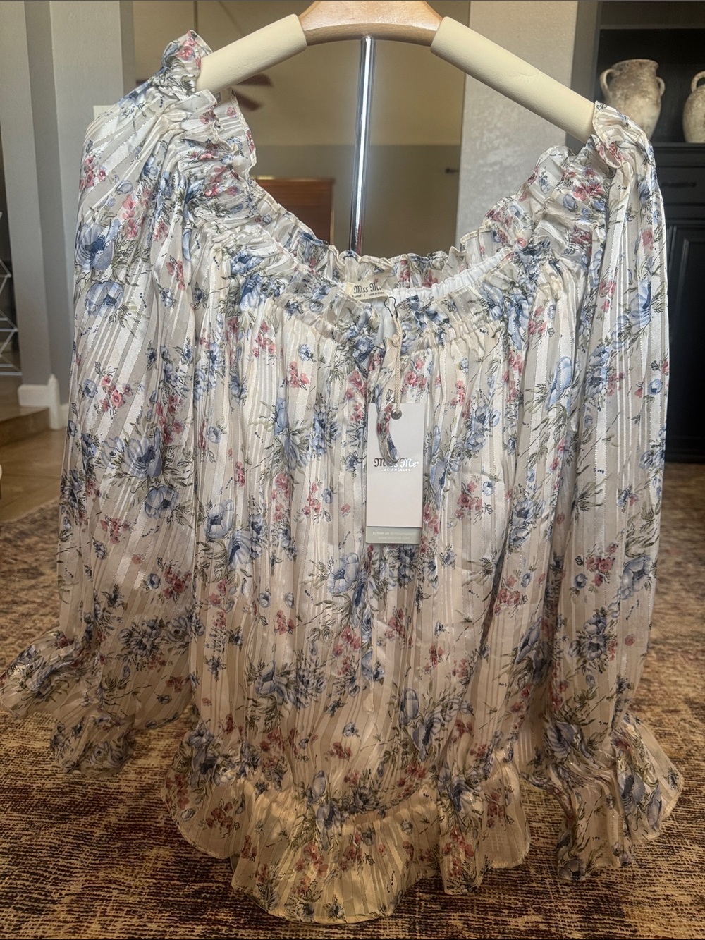 Miss Me Cream Floral Smocked Peasant Blouse